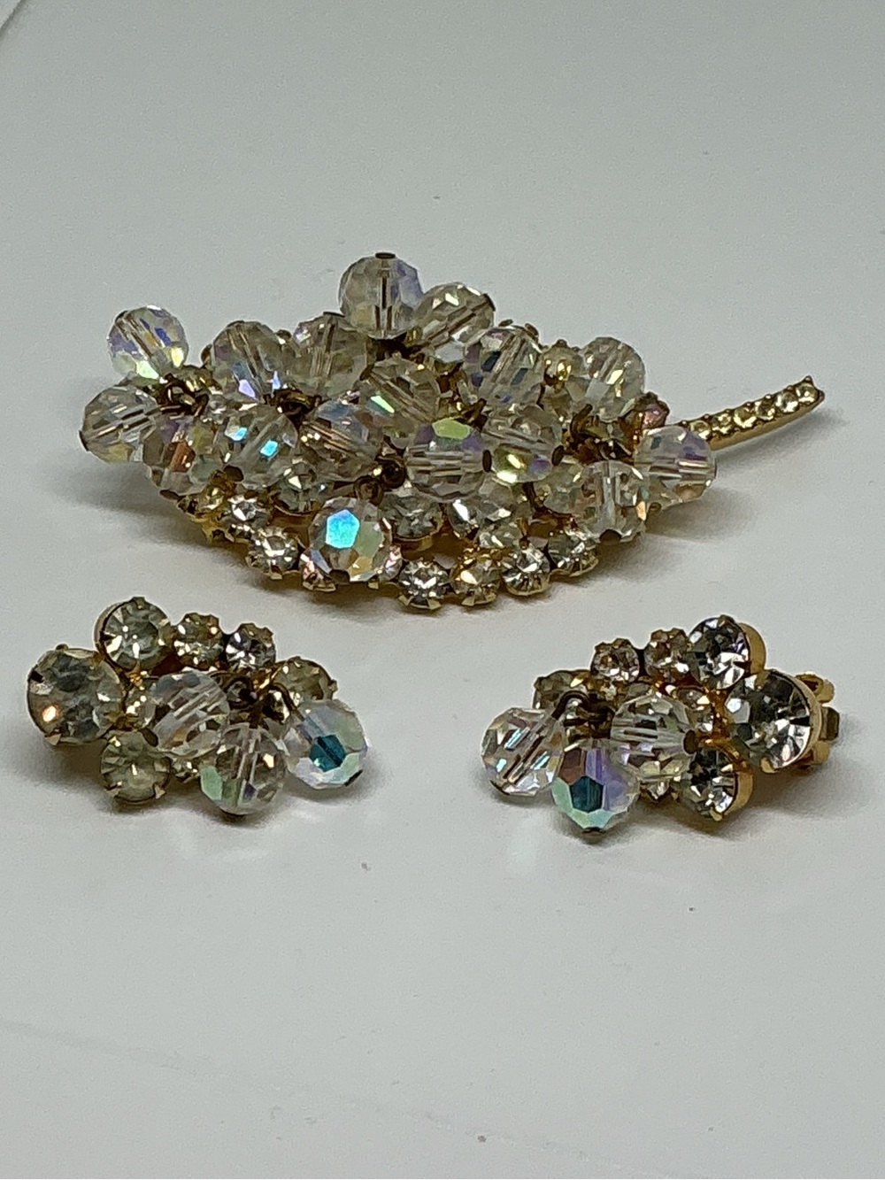 VTG Juliana AB Crystal Rhinestone Cha Cha Leaf Brooch Clip Earring Set Verified